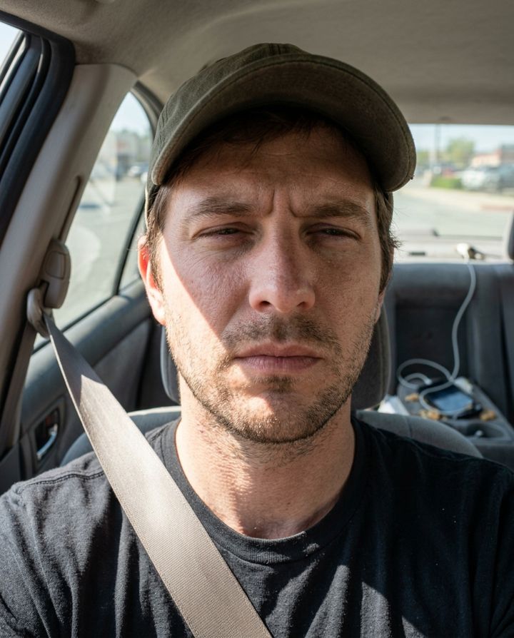 Man in a cap squinting in harsh sun in a car selfie with a seatbelt