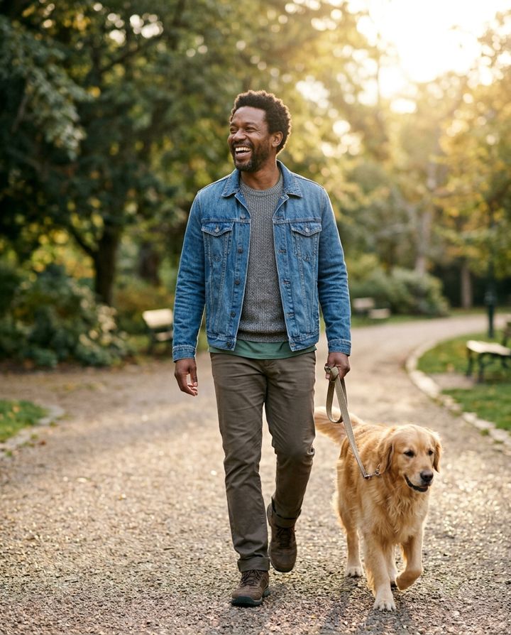 Man laughing while walking a golden retriever in a park at golden hour