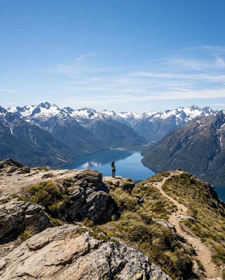 Tiny figure of a woman on a mountain viewpoint above a lake