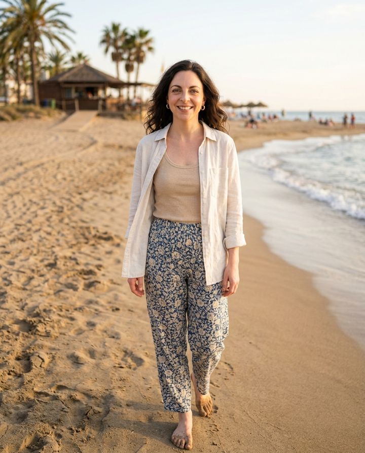 The same woman walking barefoot on a beach at sunset, smiling